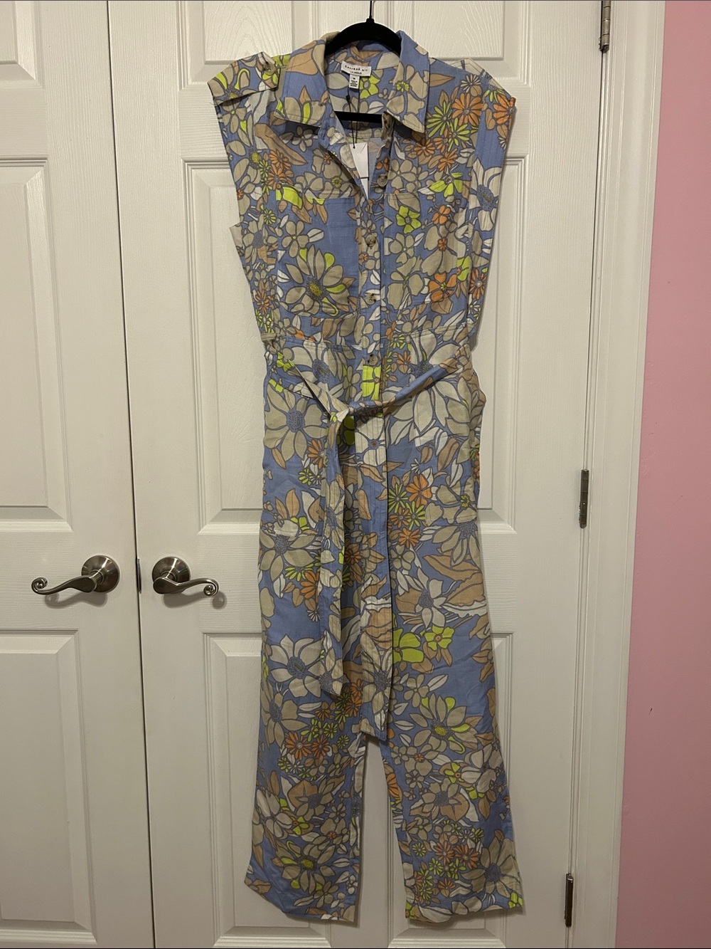 Current Air Blue Floral Sleeveless Button-Front Jumpsuit with Tie Waist